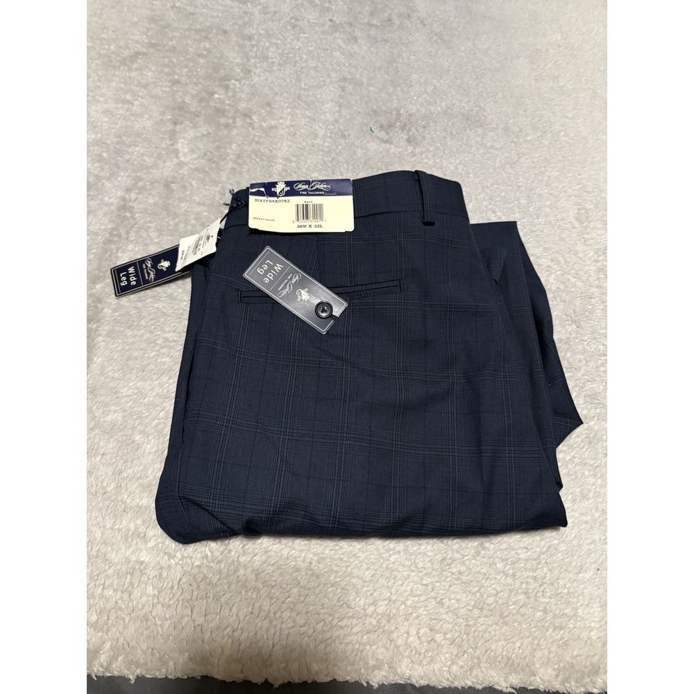 Sean John Dress Pants 36x32 Blue Plaid Wide Leg Pleated Cuffed Relaxed Career